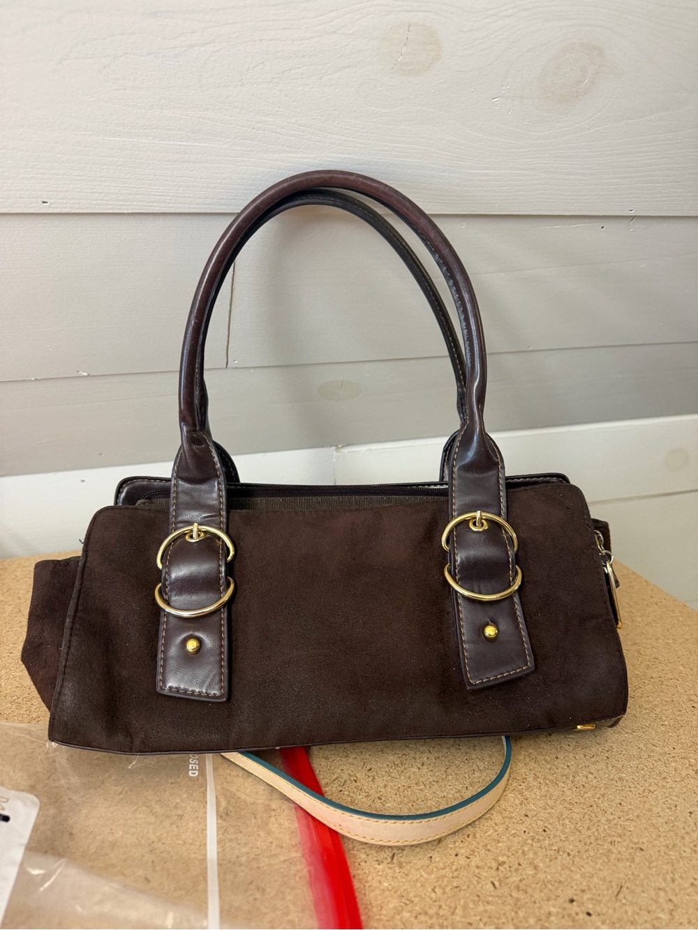 Apt. 9 Dark Brown Suede Shoulder Bag with Gold Hardware